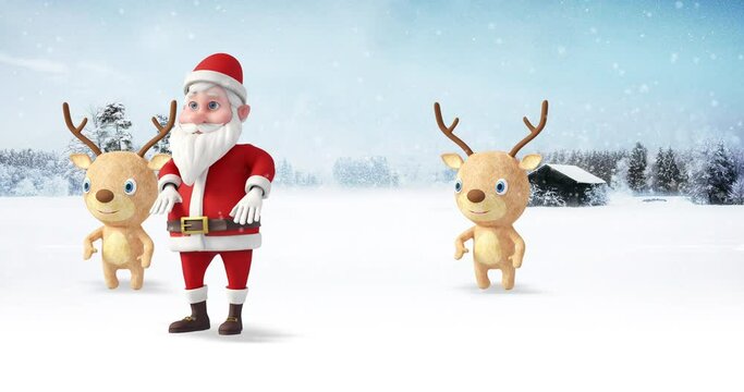Santa And His Friends Making Funny Dance Moves At The North Pole. Snowy Day. Christmas, Noel And New Year Related 3D Animation.