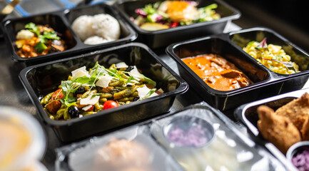 Open and closed plastic disposable takeaway containers with various food ready for deliveries as...