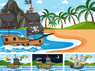 Set of different beach scenes with pirate ship © brgfx