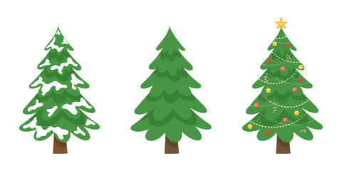 Three different situations of cartoon christmas tree. Fir-tree snow covered, decorated and unadorned. Vector flat illustration