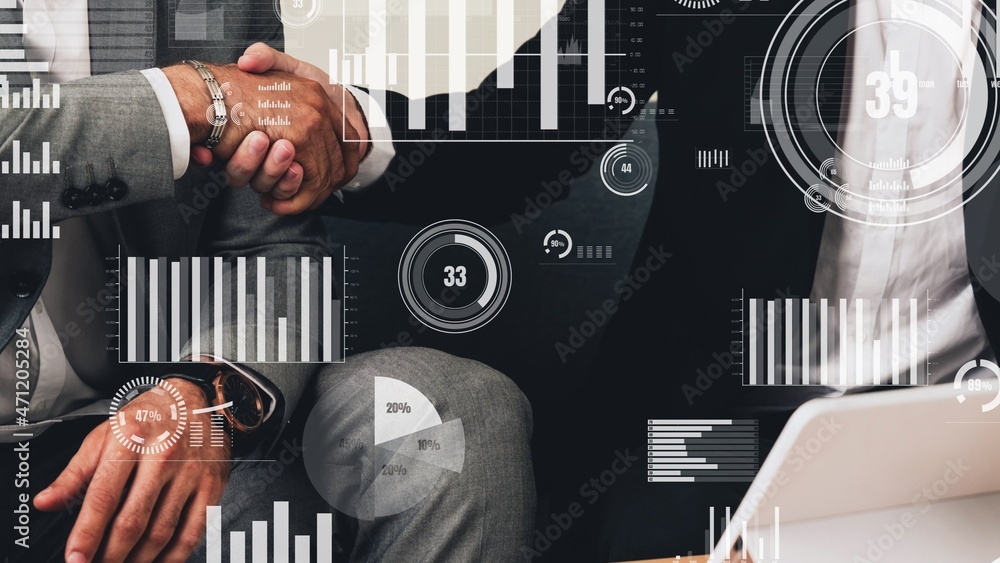 Poster conceptual business handshake with dashboard for financial data analysis . 3d render computer graphi