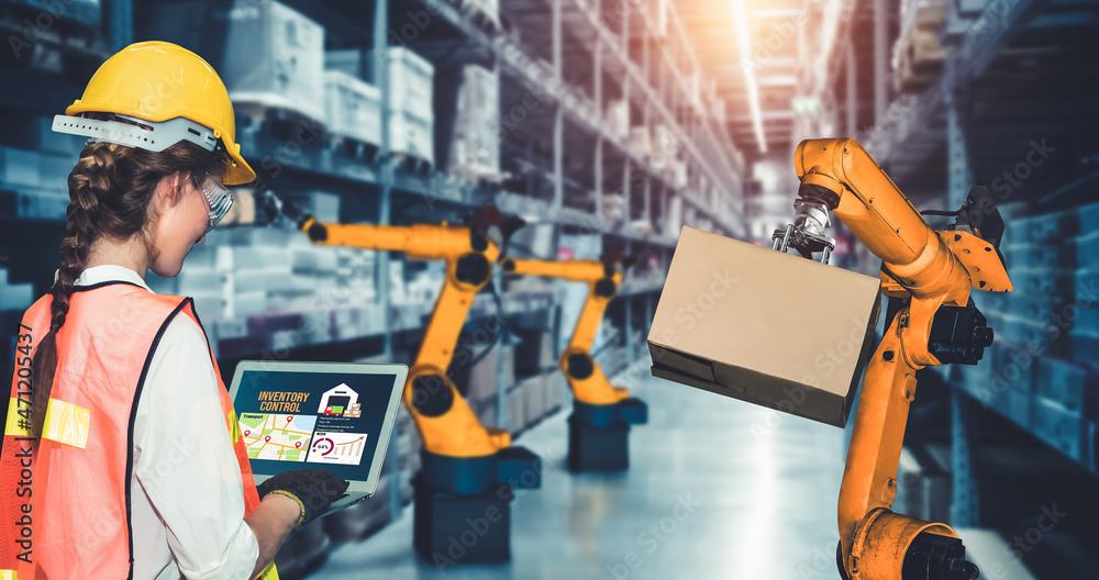 Poster smart robot arm systems for innovative warehouse and factory digital technology . automation manufac