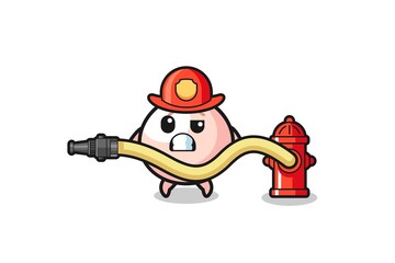 meatbun cartoon as firefighter mascot with water hose