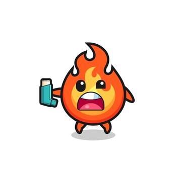 fire mascot having asthma while holding the inhaler