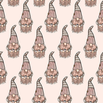 Seamless pattern illustration of a gnome with a beard in a hat. New year and christmas symbol on a beige background. High quality illustration