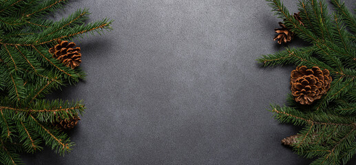 Obraz na płótnie Canvas Fir tree branches and natural pine cones on black background. Winter seasonal banner background