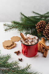 Cup of hot cocoa with marshmallow and cinnamon stick surrounded by spruce branches. Cozy seasonal holidays. White background