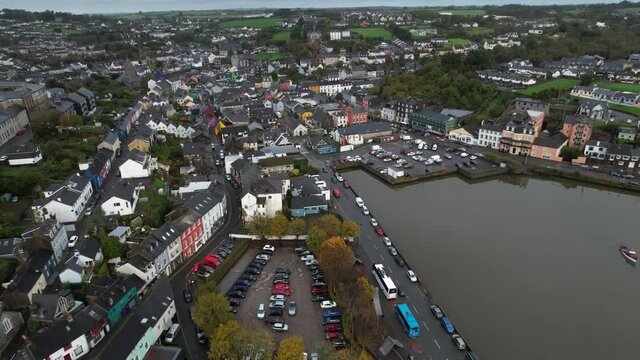 Aerial View of Kinsale, Cork County, Ireland. Downtown and Bay of Brandon River on Cloudy Autumn Day, Drone Shot