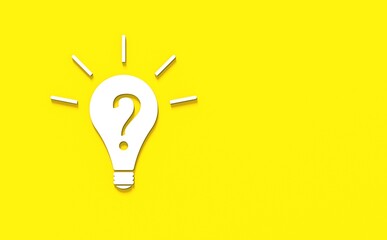 White light bulb with shadow on yellow background. Illustration of symbol of lack of idea. Question mark. 3D image. 3D rendering.
