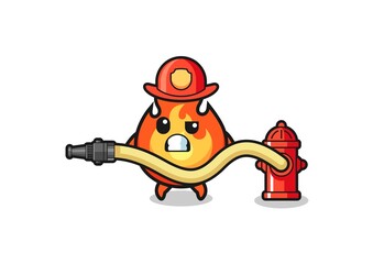fire cartoon as firefighter mascot with water hose