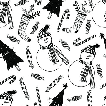 Vector graphic pattern with Christmas elements, lollipops, decorative balls, snowflakes, garlands and mistletoe. Hand drawn doodle style background. Texture for gift paper, fabric, decor