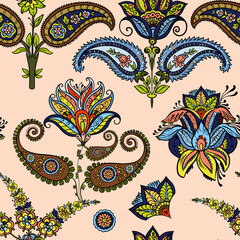Illustration raster seamless paisley pattern with patterns on beige background. High quality illustration
