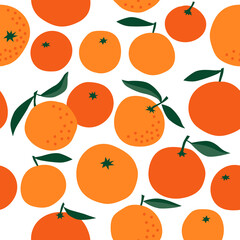 Seamless pattern with citrus fruits and leaves. Vector illustration on a white.