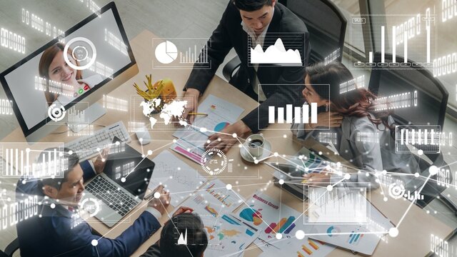 Creative visual of business people in a corporate staff meeting on video call . Concept of digital technology for marketing data analysis and investment decision making .