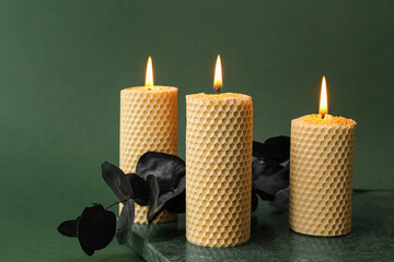 Burning candles and eucalyptus branch on green background