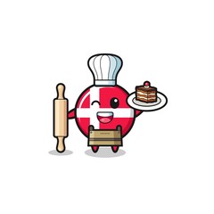 denmark flag as pastry chef mascot hold rolling pin