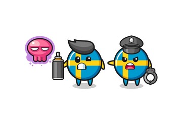 sweden flag cartoon doing vandalism and caught by the police
