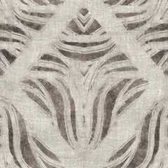 Seamless tan brown grungy tribal neutral rug motif surface pattern design for print. High quality illustration. Distressed bohemian ethnic repeat swatch. Hand drawn diamond damask textile design. - 471208674