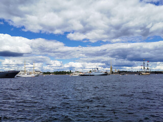 Warships, frigates and sailboats built in the Neva water area for the Day of the Navy in St. Petersburg.