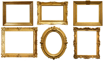 Gold frame for a picture in a classic baroque style on a white blank background. - obrazy, fototapety, plakaty