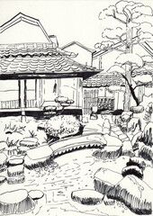 Japanese courtyard hand drawn illustration,art design