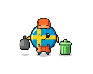 the mascot of cute sweden flag as garbage collector