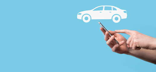 Digital composite of Man holding car icon.Car automobile insurance and car services concept....