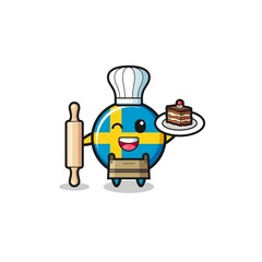 sweden flag as pastry chef mascot hold rolling pin