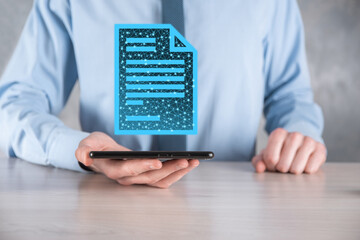 Businessman man holding a document icon in his hand Document Management Data System Business...
