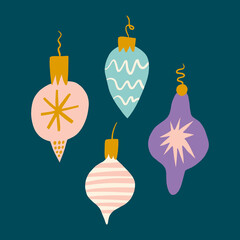 Christmas doodle tree decor toys childish cartoon doodles boho naive funky handdrawn style art vector 