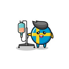 cute sweden flag character standing with infusion pole