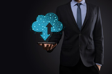 Man hold Cloud icon technology. Polygonal wireframe cloud storage sign with two arrows up and down....