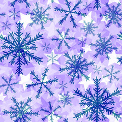 Shining stars and snowflakes on a purple background, seamless Christmas pattern. 