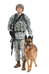 Soldier with military working dog on white background