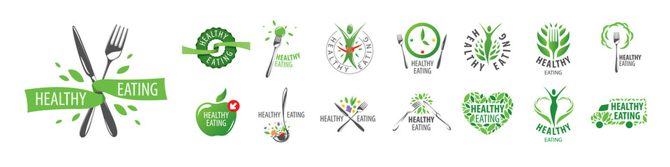 A set of vector Healthy Food logos on a white background