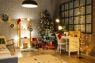 Beautiful living room with fir tree and gifts on Christmas eve