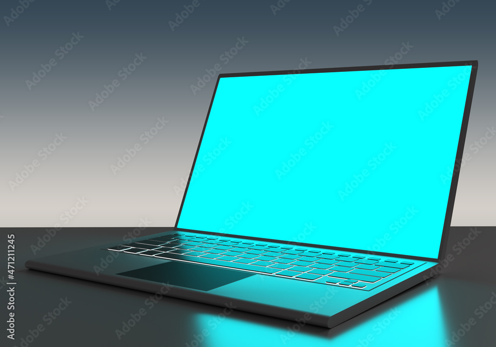 Poster laptop mockup. turquoise screen monitor laptop. space for website or desktop. three-dimensional lapt