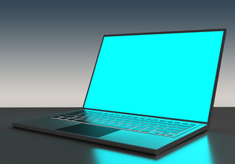 Laptop mockup. Turquoise screen monitor Laptop. Space for website or desktop. Three-dimensional laptop on dark background. Computer display. Template for advertisement. Portable computer. 3d image.