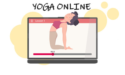 Yoga classes online. A pretty girl on a laptop screen shows an asana. Yoga training via the Internet. Vector illustration.