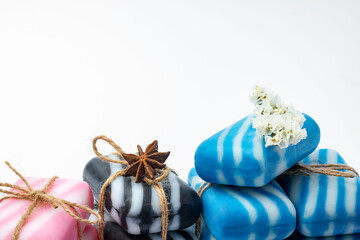 Natural organic soap bars on white background
