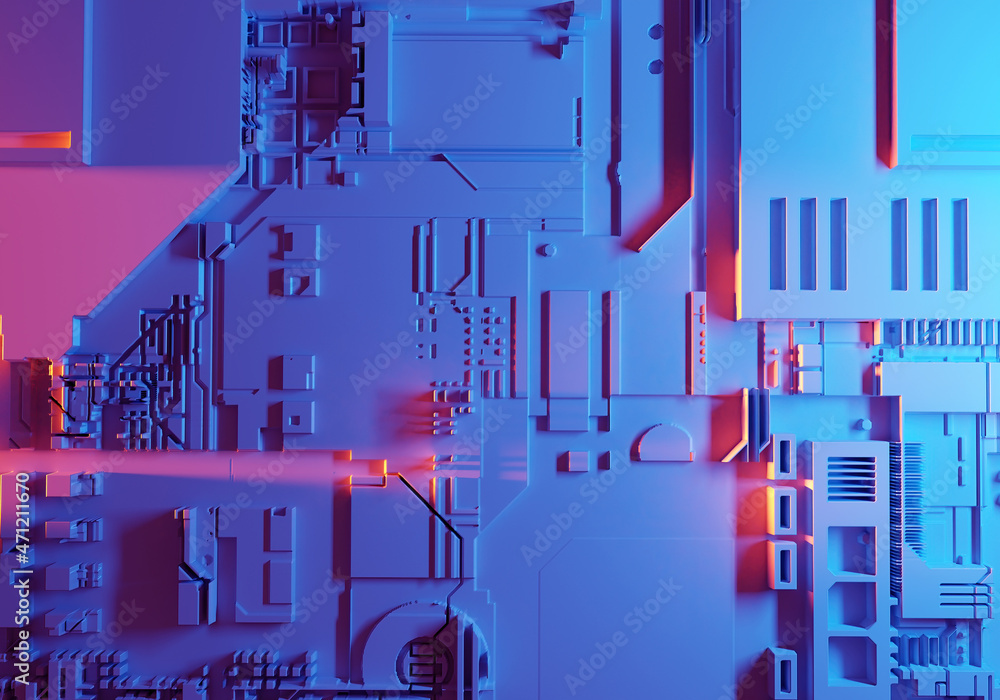 Poster Modern technologies concept. Microelectronic circuit board. Blue computer background. Abstract microboard. Minimalistic tech background. PCB texture. Abstract background without focus. 3d rendering.