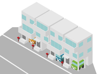 アイソメトリックな狭い土地に並んだ3階建て住宅