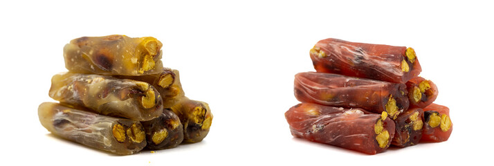 assortment of Turkish delight isolated on a white background. Close-up turkish delight. local name antep sucuk