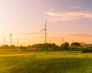 wind turbines farm in sunset
