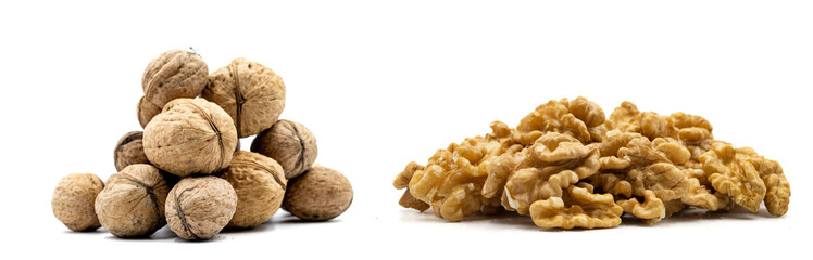 Shelled walnuts and walnut kernels isolated on a white background. close-up nuts