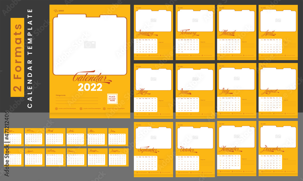 Poster two formats complete set of 2022 calendar template layout with copy space in white and yellow color.