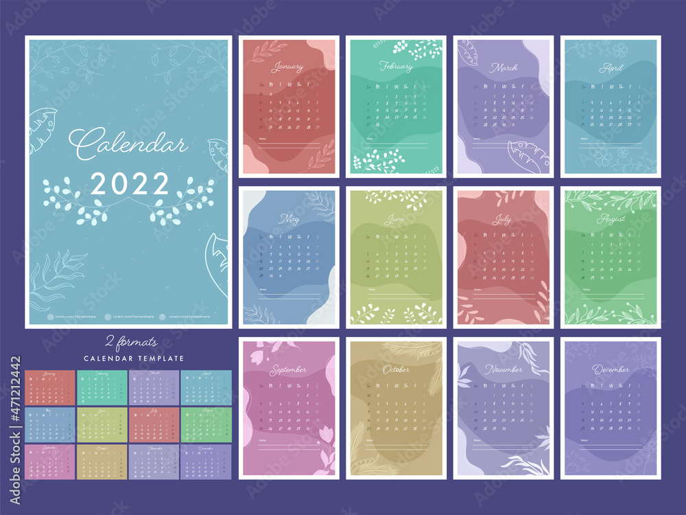 Poster 2022 yearly calendar template design with leaves in abstract multicolor style. two formats.