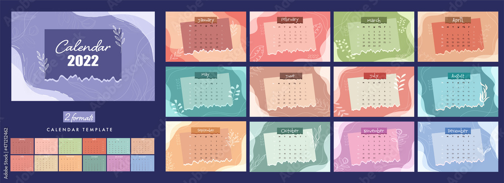Poster 2 formats complete set of 2022 calendar template design in colorful.