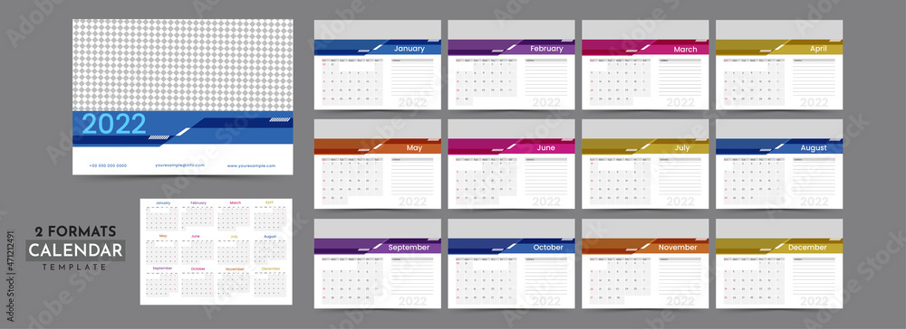 Poster 2022 modern yearly calendar design in two formats with copy space.