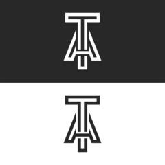 Letters TA or AT logo initials monogram minimal style, linked T and A letters identity emblem, two parallel lines linear shape typography creative design element.